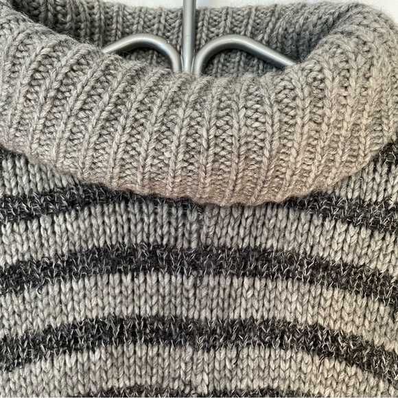 DKNY Pure, wool-alpaca blend knit gray black striped poncho, OS - Picture 2 of 5